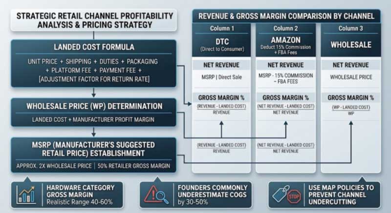 pricing ladder from landed cost to wholesale and MSRP with DTC, Amazon and wholesale channel margins compared pricing ladder from landed cost to wholesale and MSRP with DTC, Amazon and wholesale channel margins compared