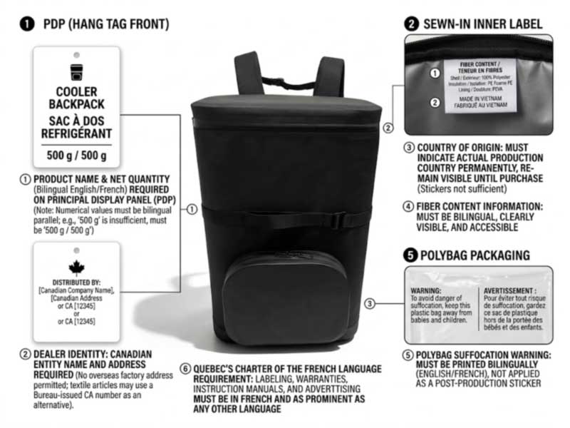 Canadian labelling requirements on a cooler bag: bilingual identity and quantity, CA dealer number, permanent origin marking and bilingual poly bag warning